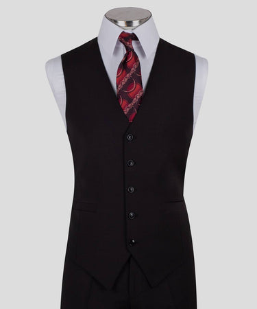 Black three-piece suit for men with jacket, vest, and trousers