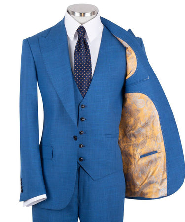 Bright blue three-piece suit for men with jacket, vest, and trousers