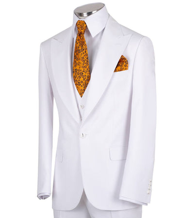 White wool blend three-piece suit for men with jacket, vest, and trousers