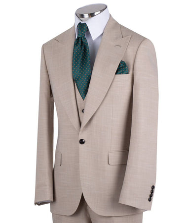 Sand wool blend three-piece suit for men with jacket, vest, and trousers