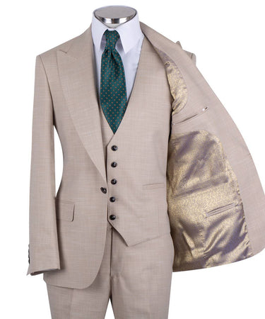 Sand wool blend three-piece suit for men with jacket, vest, and trousers