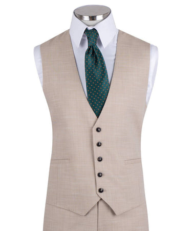 Sand wool blend three-piece suit for men with jacket, vest, and trousers