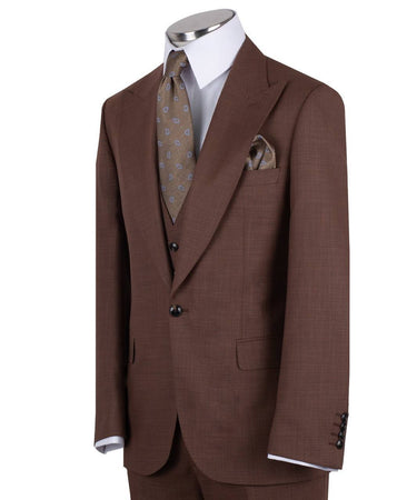Chocolate brown wool blend three-piece suit for men with jacket, vest, and trousers