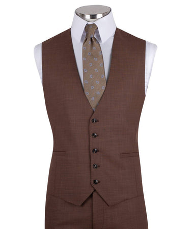 Chocolate brown wool blend three-piece suit for men with jacket, vest, and trousers