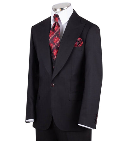 Black wool blend three-piece suit for men with jacket, vest, and trousers