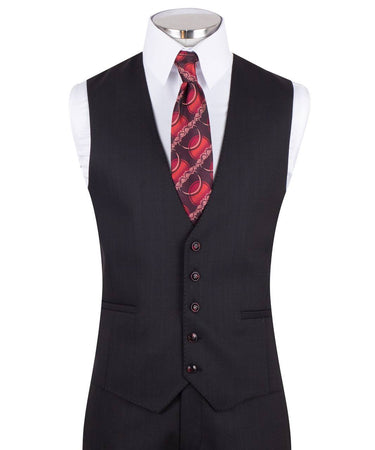 Black wool blend three-piece suit for men with jacket, vest, and trousers
