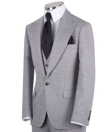 Light grey wool blend three-piece suit for men with jacket, vest, and trousers