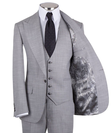 Light grey wool blend three-piece suit for men with jacket, vest, and trousers