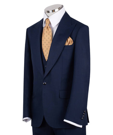 Navy blue wool blend three-piece suit for men with jacket, vest, and trousers
