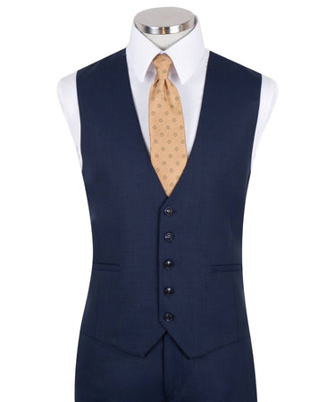 Navy blue wool blend three-piece suit for men with jacket, vest, and trousers