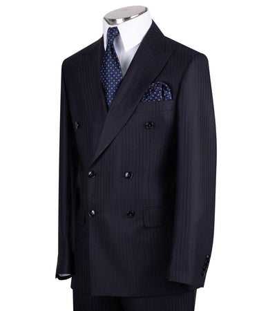 Dark navy blue wool pinstripe double-breasted suit for men with jacket and trousers