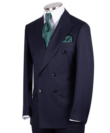 Navy blue wool pinstripe double-breasted suit for men with jacket and trousers