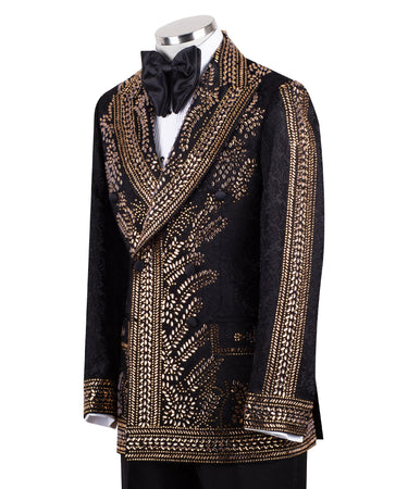 Front view of men's Gold Embellished Black Jacquard Double-Breasted Tuxedo by BTS Bespoke, showcasing intricate hand-applied gold details on a black jacquard fabric.