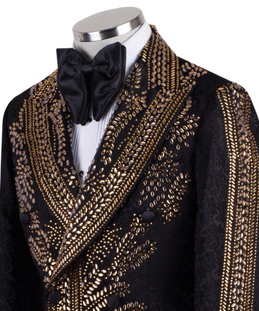 Front view of men's Gold Embellished Black Jacquard Double-Breasted Tuxedo by BTS Bespoke, showcasing intricate hand-applied gold details on a black jacquard fabric.