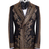 Front view of men's Gold Embellished Black Jacquard Double-Breasted Tuxedo by BTS Bespoke, showcasing intricate hand-applied gold details on a black jacquard fabric.