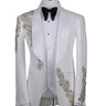 White hand-embellished jacquard three-piece tuxedo with crystal detailing on jacket and white satin shawl lapel. Master tailored in Istanbul for luxury events and weddings.