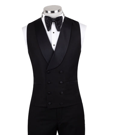Full front view of a black three-piece tuxedo on a mannequin, featuring heavily hand-embellished shawl lapels with pearls and crystals, and a matching embellishment down the side of the trousers. Includes a black double-breasted vest and a white shirt with a black bow tie (not included).