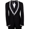 Full front view of a black three-piece tuxedo on a mannequin, featuring heavily hand-embellished shawl lapels with pearls and crystals, and a matching embellishment down the side of the trousers. Includes a black double-breasted vest and a white shirt with a black bow tie (not included).