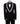 Full front view of a black three-piece tuxedo on a mannequin, featuring heavily hand-embellished shawl lapels with pearls and crystals, and a matching embellishment down the side of the trousers. Includes a black double-breasted vest and a white shirt with a black bow tie (not included).