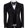Front view of a black hand-embellished three-piece tuxedo by BTS Bespoke, featuring a single-breasted jacket with satin shawl lapels and a double-breasted vest, showcased on a mannequin.