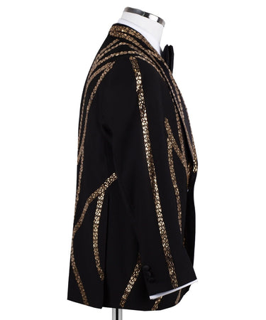 BTS Bespoke Black Tuxedo Jacket with Gold Bead Embellishments, Shawl Lapel and matching vest. Handcrafted in Istanbul. Front, back, and side views showing intricate detail.
