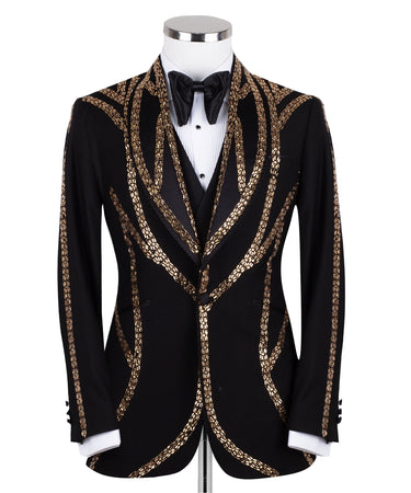 BTS Bespoke Black Tuxedo Jacket with Gold Bead Embellishments, Shawl Lapel and matching vest. Handcrafted in Istanbul. Front, back, and side views showing intricate detail.