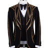 BTS Bespoke Black Tuxedo Jacket with Gold Bead Embellishments, Shawl Lapel and matching vest. Handcrafted in Istanbul. Front, back, and side views showing intricate detail.