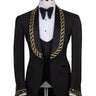 Front view of BTS Bespoke's black jacquard three-piece tuxedo with opulent gold chain embellishments on the shawl lapel and cuffs, tailored in Istanbul. Includes jacket, vest, and trousers.