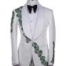 BTS Bespoke white three-piece tuxedo with intricate emerald green hand-embellished details on the jacket, shoulders, and sleeves. Features a white shawl lapel and vest. Front view and side view of the luxury suit on a mannequin.