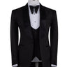 Black hand-embellished three-piece tuxedo by BTS Bespoke, featuring an intricate beaded pattern on the shoulders and back, satin shawl lapel, and matching vest and trousers. Masterfully crafted in Istanbul for luxury events.