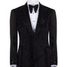 BTS Bespoke black double-breasted tuxedo jacket with intricate hand-embellished crystal and bead detailing on lapels, shoulders, chest, sleeves, and back, displayed on a mannequin, front and back views, close-up of embellishments.