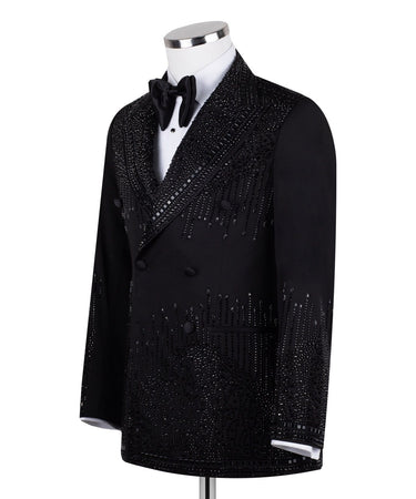 BTS Bespoke black double-breasted tuxedo jacket with intricate hand-embellished crystal and bead detailing on lapels, shoulders, chest, sleeves, and back, displayed on a mannequin, front and back views, close-up of embellishments.