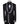 Black double-breasted tuxedo jacket with intricate silver hand-embellished shawl lapels, front detail, and cuffs, paired with black satin stripe trousers on a mannequin. From BTS Bespoke, handcrafted in Istanbul.