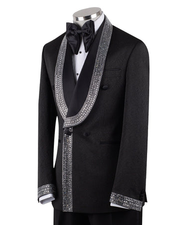 Black double-breasted tuxedo jacket with intricate silver hand-embellished shawl lapels, front detail, and cuffs, paired with black satin stripe trousers on a mannequin. From BTS Bespoke, handcrafted in Istanbul.
