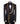 Mannequin wearing a black double-breasted tuxedo with ornate gold beaded peak lapels and matching cuff embellishments, paired with black satin-striped trousers.