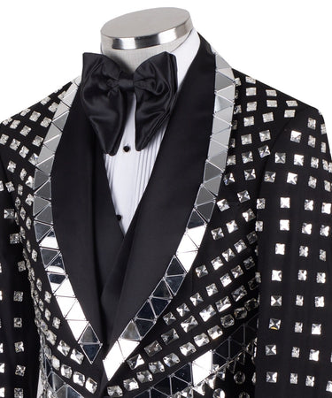 Front view of a BTS Bespoke Black Mirrored Embellished 3-Piece Tuxedo with peak lapels and sparkling crystal accents, handcrafted in Istanbul.