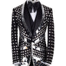 Front view of a BTS Bespoke Black Mirrored Embellished 3-Piece Tuxedo with peak lapels and sparkling crystal accents, handcrafted in Istanbul.