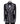 Front view of a black double-breasted tuxedo jacket with extensive silver embellishments, featuring a peak lapel and slim fit design on a mannequin. Back view and close-up showing intricate hand-beading detail.