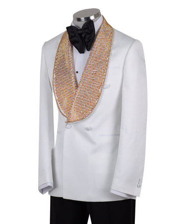 White double-breasted tuxedo jacket with golden hand-embellished shawl lapel and black tuxedo trousers, masterfully tailored in Istanbul by BTS Bespoke.