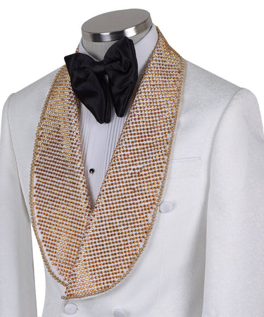 White double-breasted tuxedo jacket with golden hand-embellished shawl lapel and black tuxedo trousers, masterfully tailored in Istanbul by BTS Bespoke.