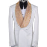 White double-breasted tuxedo jacket with golden hand-embellished shawl lapel and black tuxedo trousers, masterfully tailored in Istanbul by BTS Bespoke.