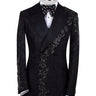 Black embellished jacquard double-breasted tuxedo with satin peak lapels and hand-beaded details on the shoulders and lapel, shown with matching plain black trousers with satin side stripe, handcrafted by BTS Bespoke in Istanbul.