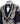 Front and side view of a black tuxedo jacket with extensive silver, purple, orange, and blue crystal and gemstone embellishments in floral and baroque patterns, paired with matching black trousers and vest, on a mannequin. Showcases intricate hand-embellished details and luxurious craftsmanship from BTS Bespoke, Istanbul.