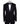 Front view of a black hand-embellished luxury tuxedo jacket with satin peak lapels and matching trousers on a mannequin. Side view close-up of the jacket's intricate black bead embellishments. Close-up of the tuxedo trousers with a satin side stripe and high-waisted detail.