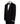 Front view of a black hand-embellished luxury tuxedo jacket with satin peak lapels and matching trousers on a mannequin. Side view close-up of the jacket's intricate black bead embellishments. Close-up of the tuxedo trousers with a satin side stripe and high-waisted detail.