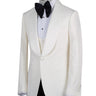 Front view of an ivory jacquard three-piece tuxedo with black trousers on a mannequin. Features a single-breasted jacket with a satin shawl lapel, matching U-neck vest, and subtle floral pattern. Ideal for weddings and formal events.