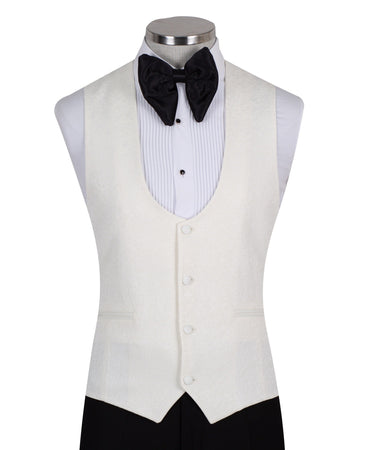 Front view of an ivory jacquard three-piece tuxedo with black trousers on a mannequin. Features a single-breasted jacket with a satin shawl lapel, matching U-neck vest, and subtle floral pattern. Ideal for weddings and formal events.