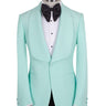 Aqua textured fabric shawl lapel tuxedo jacket on a mannequin, single-breasted, one-button closure. Showcase of BTS Bespoke's luxury handcrafted Istanbul tailoring.