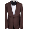 BTS Bespoke brown textured wool blend shawl lapel tuxedo jacket on mannequin, single button, slim fit. Elegant Istanbul tailoring.