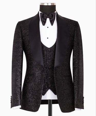 Black Shawl Lapel Black Shiny Tuxedo - Triple Tuxedo | Black Tuxedo Style